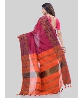 DESH BIDESH Women`s Tant Cotton Silk Handloom Cotton Saree Pushpomala With Blouse Piece(Pink Orange)